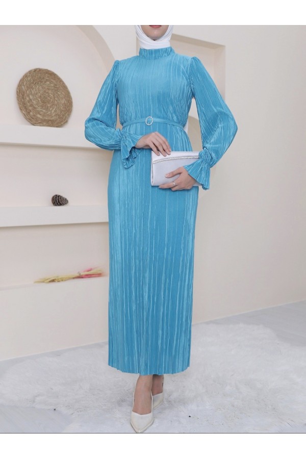 Pleated Satin Dress with Elastic Sleeves, Frilled Stones and Belt - Turquoise