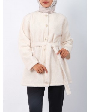 Düğmeli Beli Bağlamalı Kürklü Ceket -Ekru