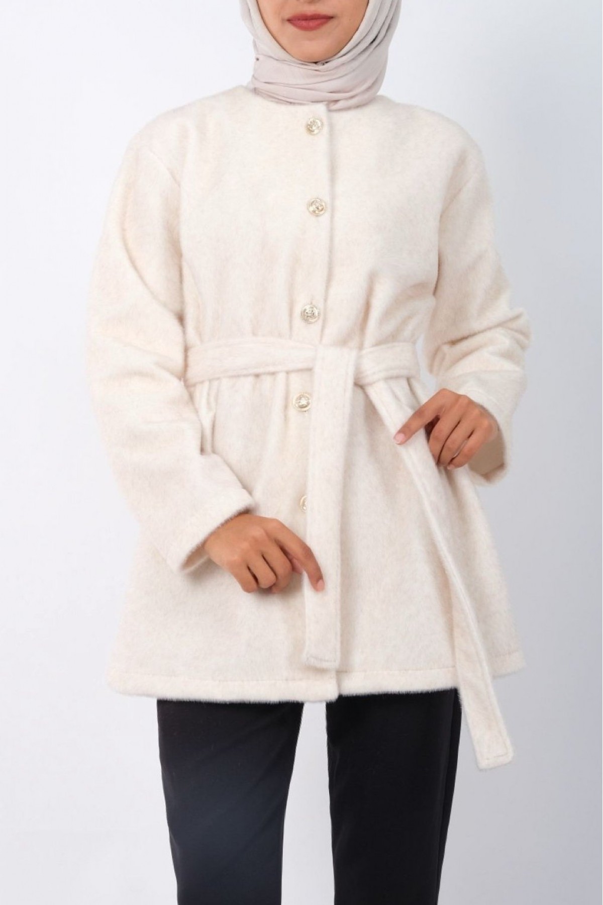 Buttoned Waist Tied Fur Jacket -Ecru
