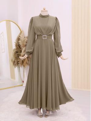 فستان حجاب بطيات بحزام من الأمام    -قهوة مفتوحة