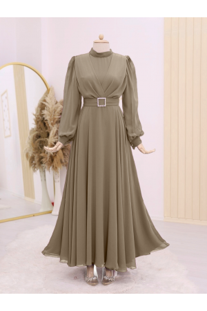 Belted Stone Front Pleated Hijab Dress    -Light coffee