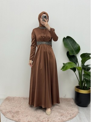 Satin Evening Dress with Stone Detail on Collar and Waist -Brown