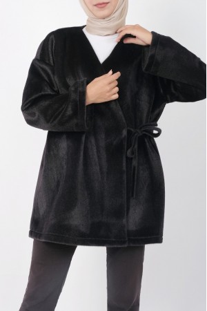 Side Tie Fur Jacket -Black
