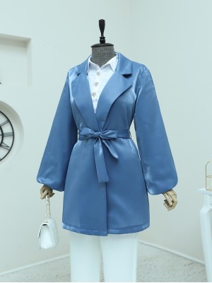 Lace-Up Satin Jacket with Flounce Sleeves -İndigo