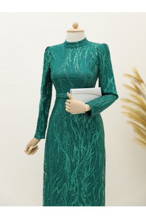 Simli Pullu Astarlı Kalem Elbise -Zümrüt
