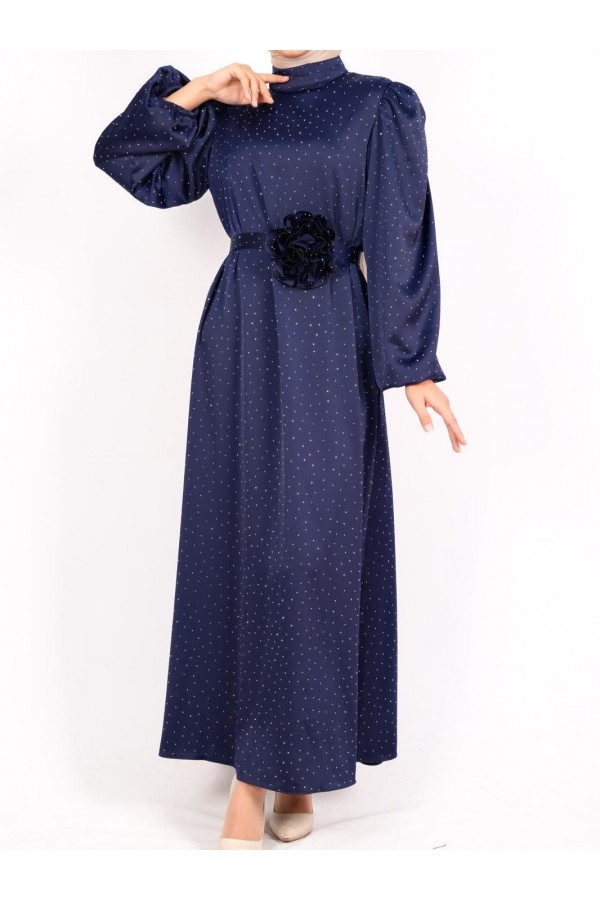 Balloon Sleeve Belted Stoned Satin Dress -Navy blue