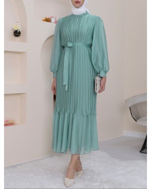 Flared Skirt Cuffed Pleated Dress -Mint Color