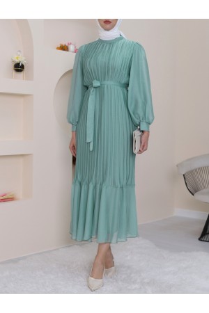Flared Skirt Cuffed Pleated Dress -Mint Color