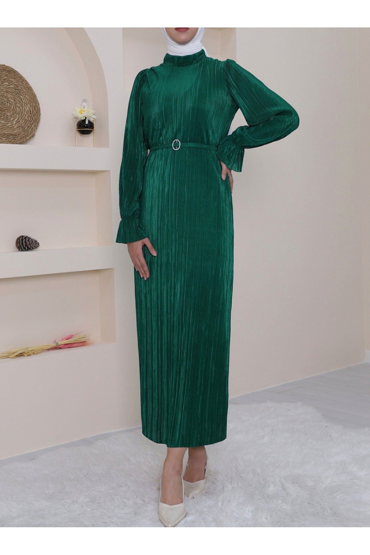 Pleated Satin Dress with Elastic Sleeves, Frilled Stones and Belt -Emerald
