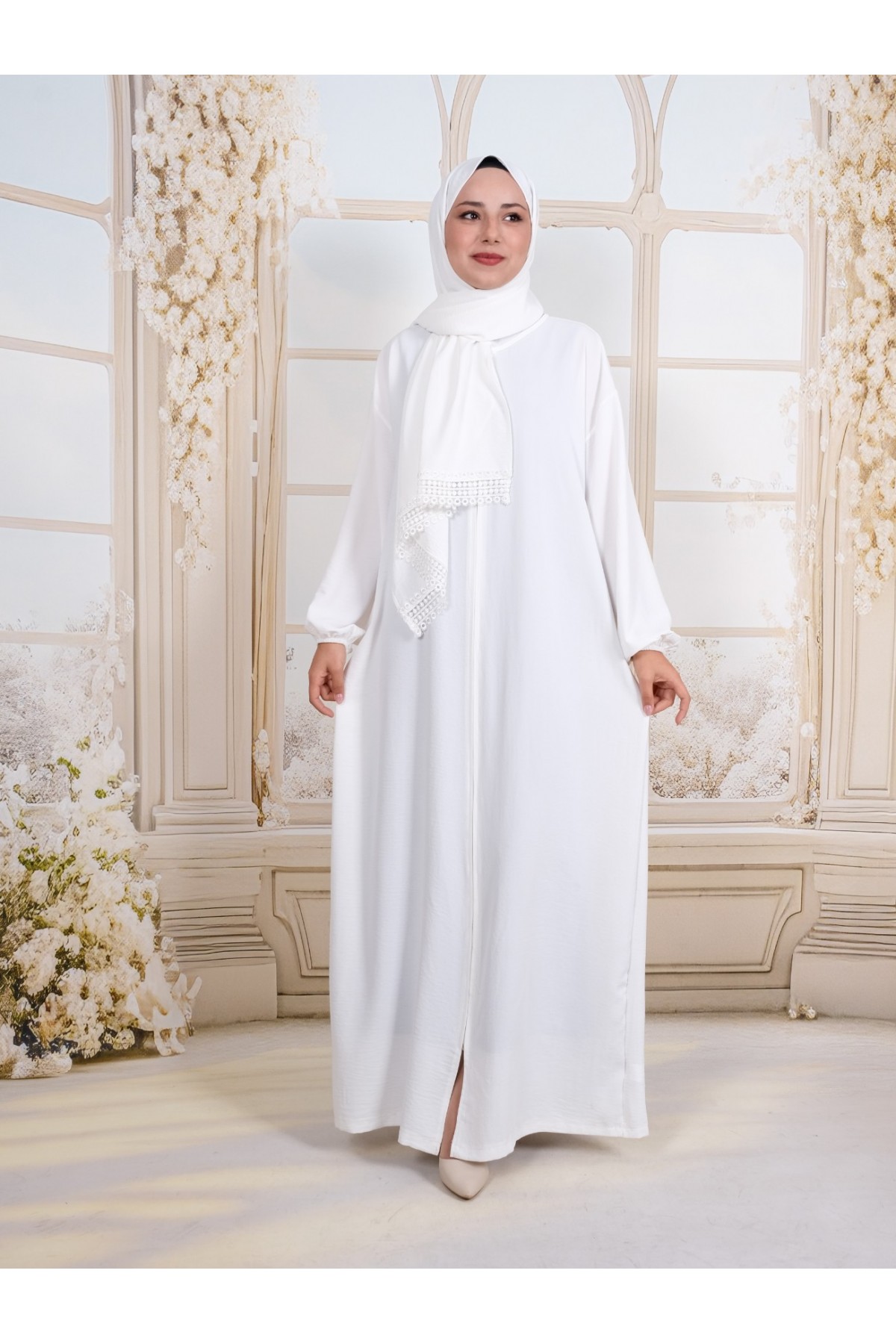 Imported Crepe Prayer Dress with Self Shawl and Zippered Length -White