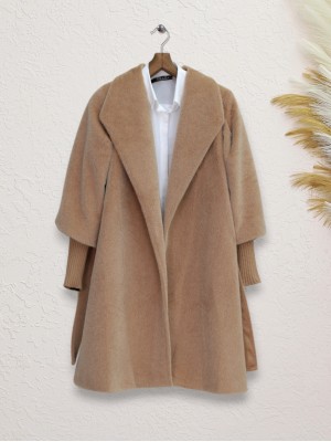 Kolu Ribanalı Şal Yaka Astarlı Kaşe Kaban  -Taba