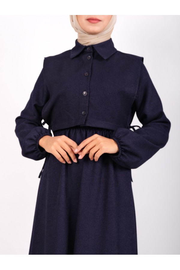 Dress with Elasticated Sleeves and Waist with Shirt Detail on Top -Navy blue
