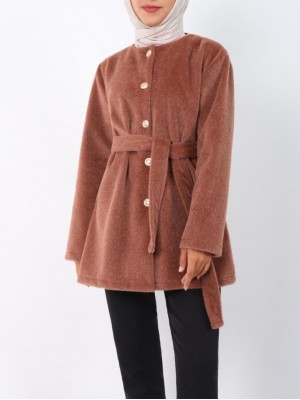Buttoned Waist Tied Fur Jacket -Brown