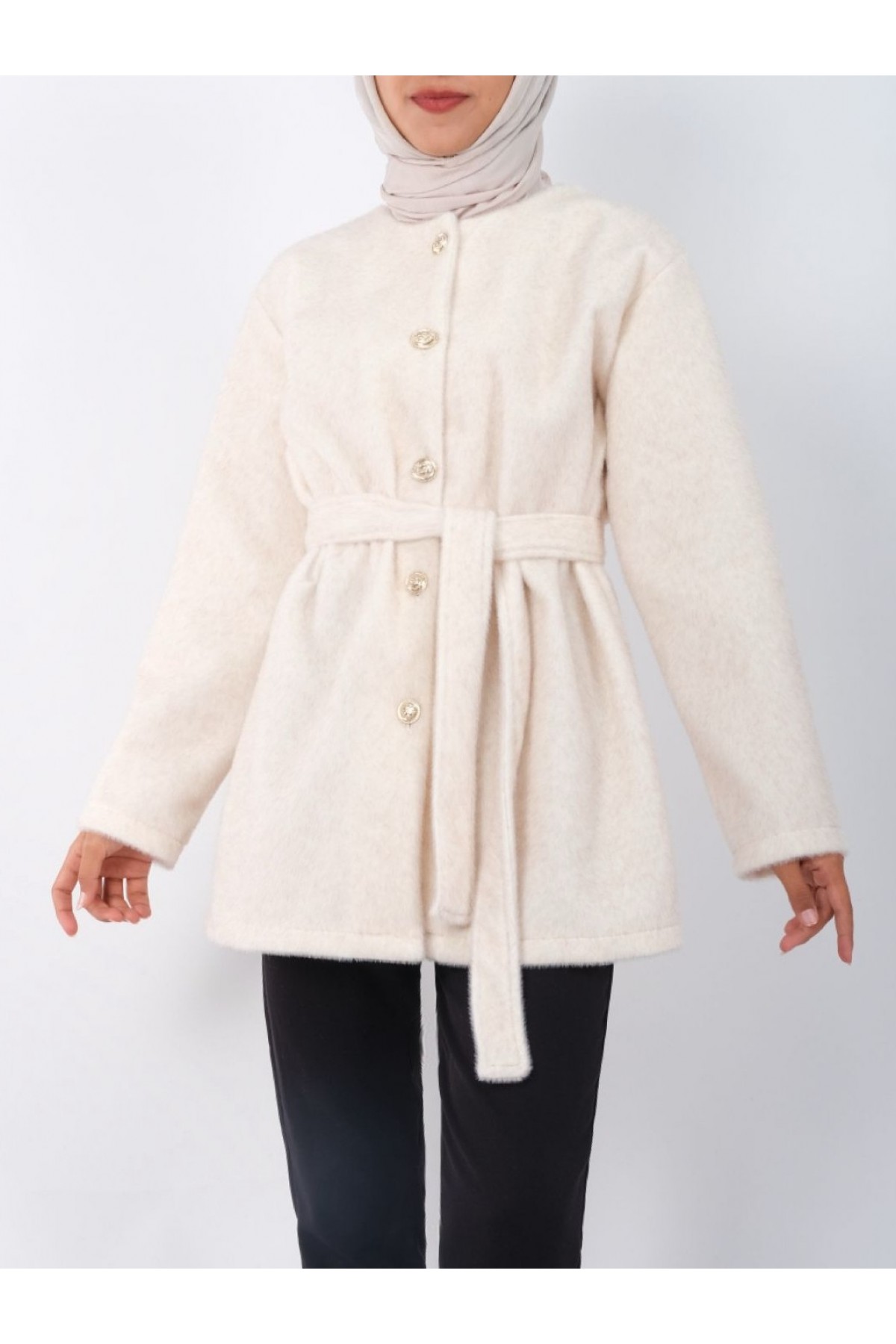 Buttoned Waist Tied Fur Jacket -Ecru