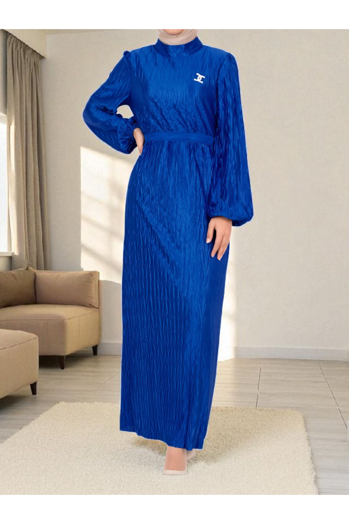 Pleated Satin Dress with Belt  -Saxe 