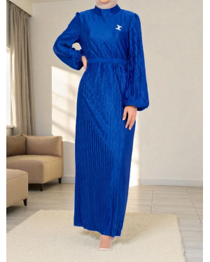 Kemerli Pliseli Saten Elbise  -Saks