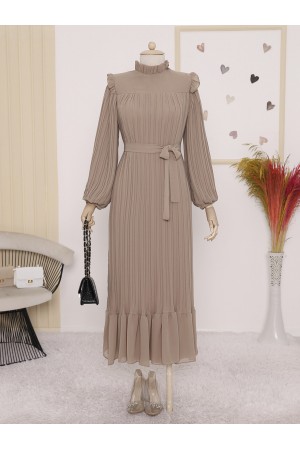 Front Robe Sleeves and Body Pleated Dress -Mink color