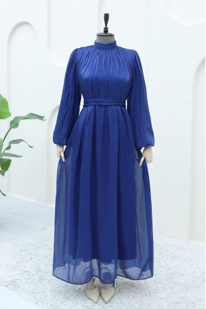 Shoulder Gathered Sparkly Fabric Balloon Sleeve Dress -Navy blue