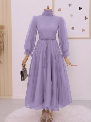 Kabarık Kol ve Etekli Kuşaklı Tül Abiye   -Açık Lila