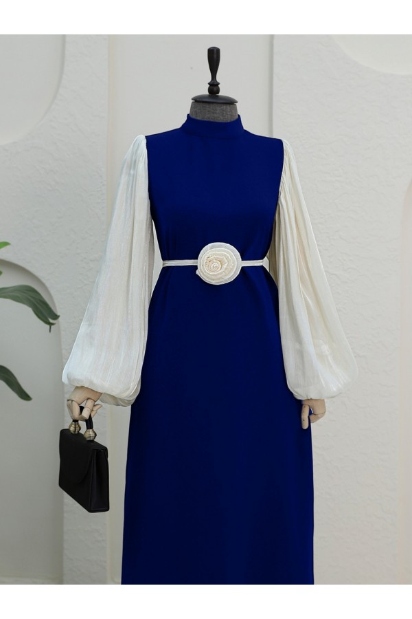 Rose Belted Dress with Gathered Sleeves -Navy blue