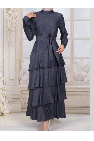 Layered Tencel Denim Belted Dress -Smoked 