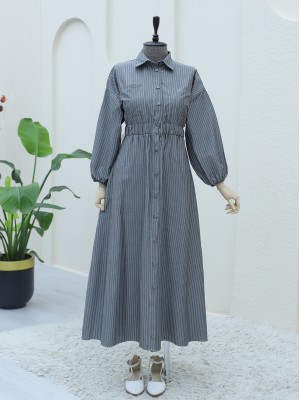 Front Buttoned Striped Dress with Elastic Waist  -Smoked 