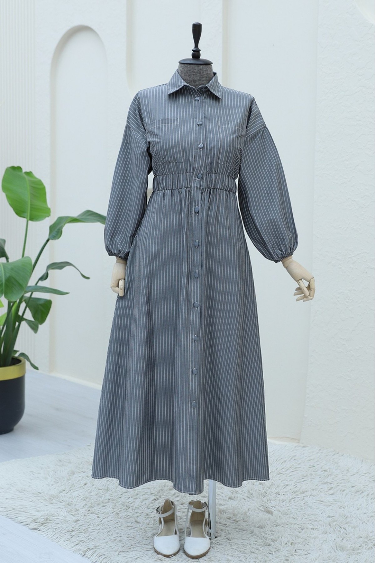 Front Buttoned Striped Dress with Elastic Waist  -Smoked 