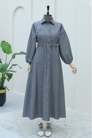 Önden Düğmeli Beli Lastikli Çizgili Elbise  -Füme