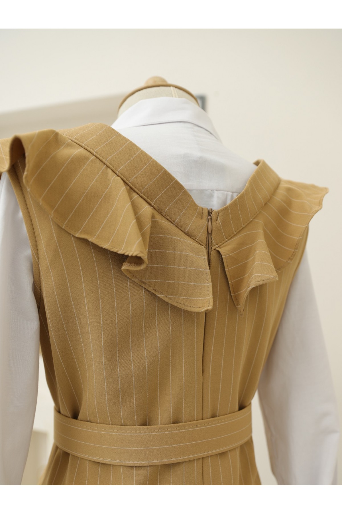 Striped Belted Gilet Dress with Frilly Collar -Snuff
