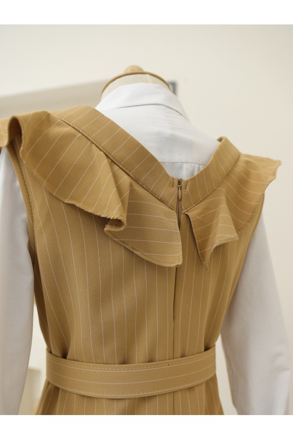 Striped Belted Gilet Dress with Frilly Collar -Snuff