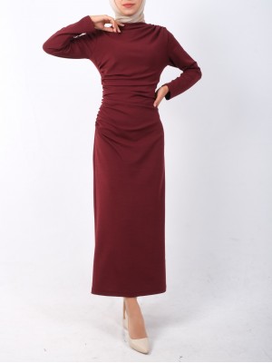 Boat Neck Side Draped Knitted Crepe Dress -Maroon