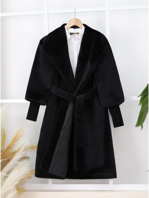 Kolu Ribanalı Şal Yaka Astarlı Kaşe Kaban -Siyah