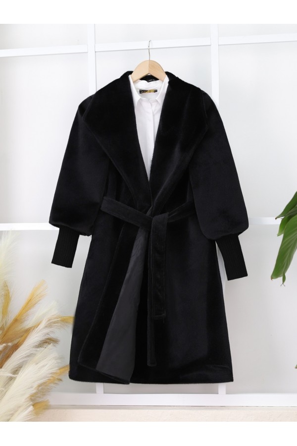 Shawl Collar Lined Cashmere Coat with Ribbed Sleeves -Black