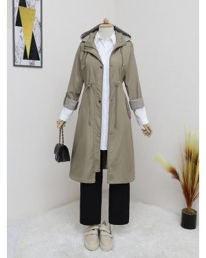 Kapşonu Çıkmalı Bağcıklı Trenckot -Vizon