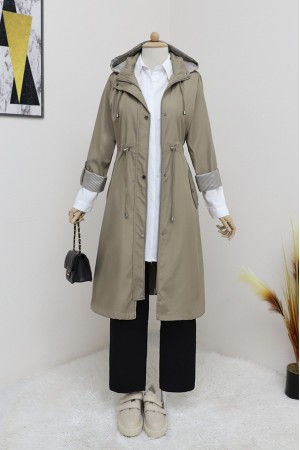 Kapşonu Çıkmalı Bağcıklı Trenckot -Vizon