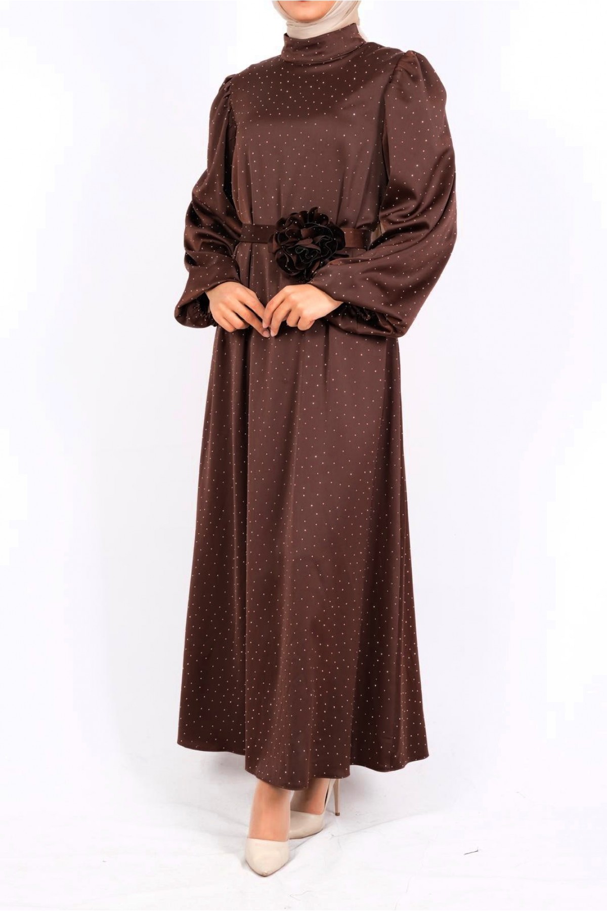 Balloon Sleeve Belted Stoned Satin Dress -Brown
