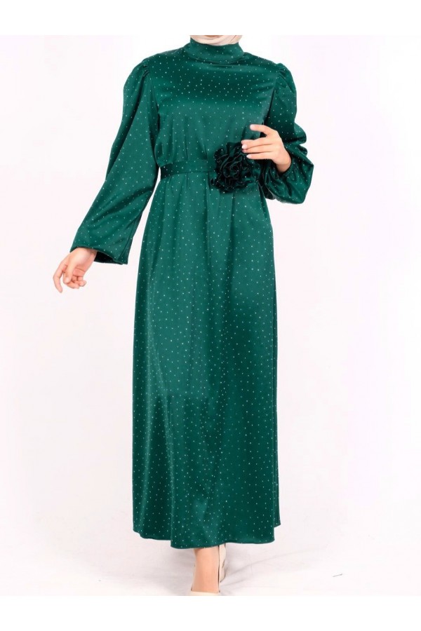 Balloon Sleeve Belted Stoned Satin Dress -Emerald