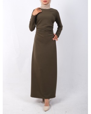 Waist Pleated Knitted Crepe Lycra Dress -Khaki