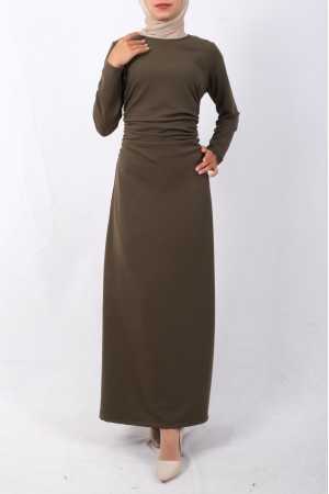 Belden Büzgülü Örme Krep Likralı Elbise -Haki