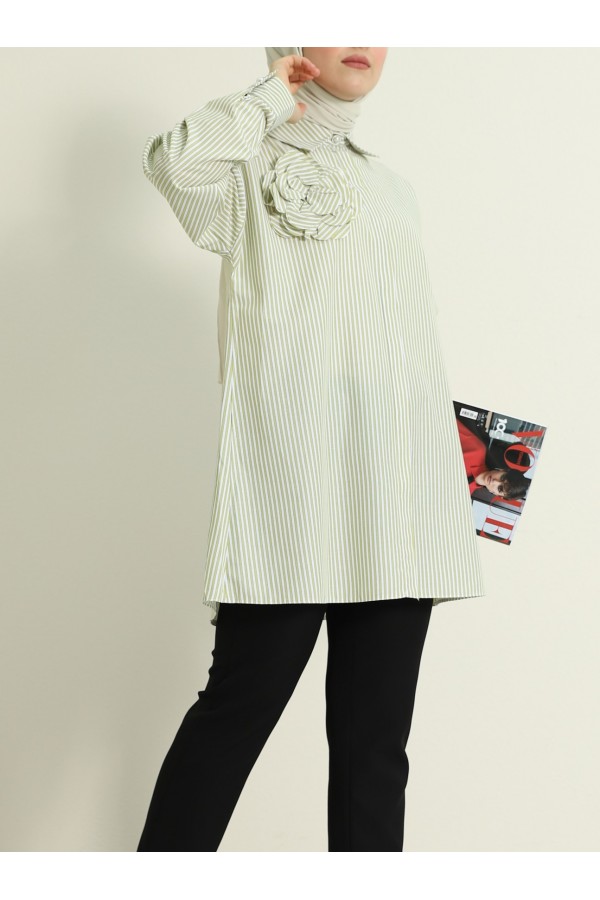 Pearl Button Striped Brooch Shirt -Oil Green