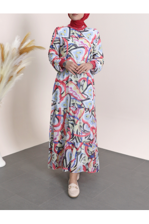 Patterned Chiffon Dress with Ribbed Collar and Layered Skirt -Dried rose