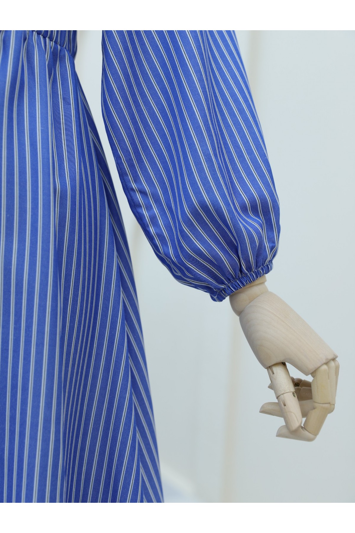 Front Buttoned Striped Dress with Elastic Waist  -Dark blue
