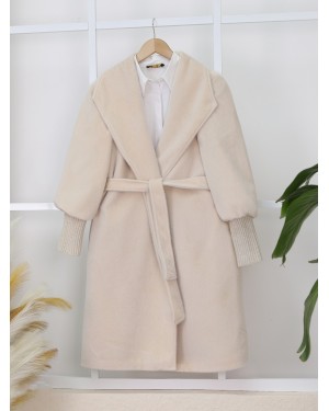 Shawl Collar Lined Cashmere Coat with Ribbed Sleeves -Cream color