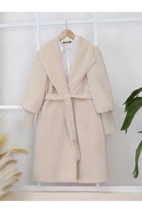 Shawl Collar Lined Cashmere Coat with Ribbed Sleeves -Cream color