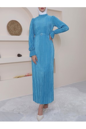 Pleated Satin Dress with Elastic Sleeves, Frilled Stones and Belt - Turquoise