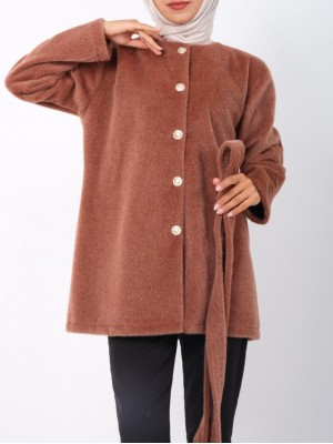 Buttoned Waist Tied Fur Jacket -Brown