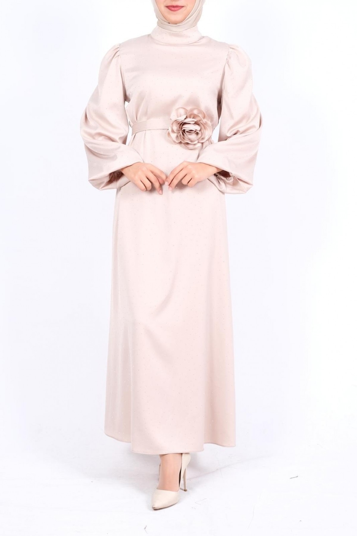 Balloon Sleeve Belted Stoned Satin Dress - Beige