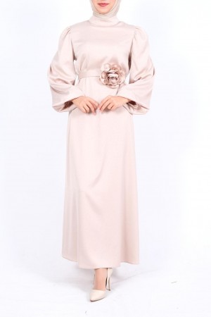 Balon Kol Kemerli Taşlı Saten Elbise  -Bej