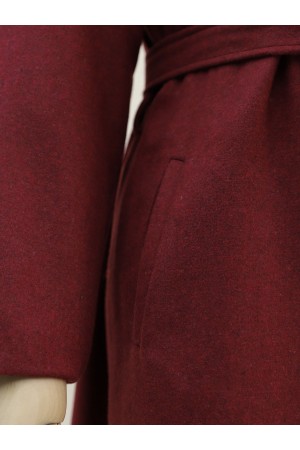 Şal Yaka Cepli Kuşaklı Kaşe Kaban -Bordo