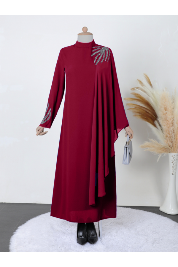 Chiffon Detailed Crepe Dress with Stones on Shoulders and Sleeves -Maroon